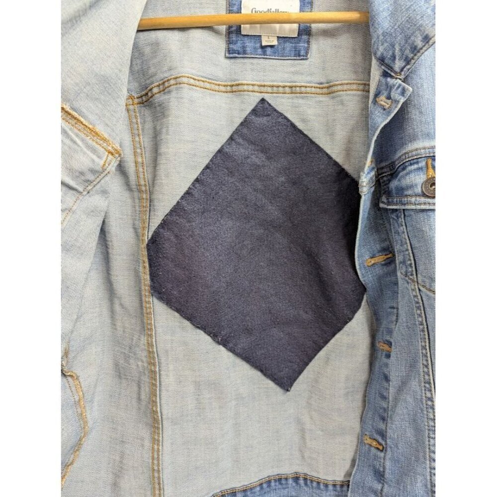 Good Fellow One of a kind jean jacket, hand quilted heart patch women's Large - Picture 5 of 8
